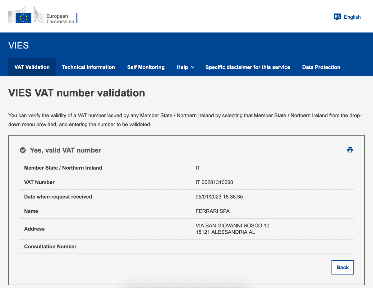 VIES verification italy result